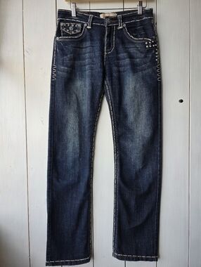 Laguna Beach Denim Blue Jeans Bedazzled Embroidered Thick Stitch Low Rise 30X31